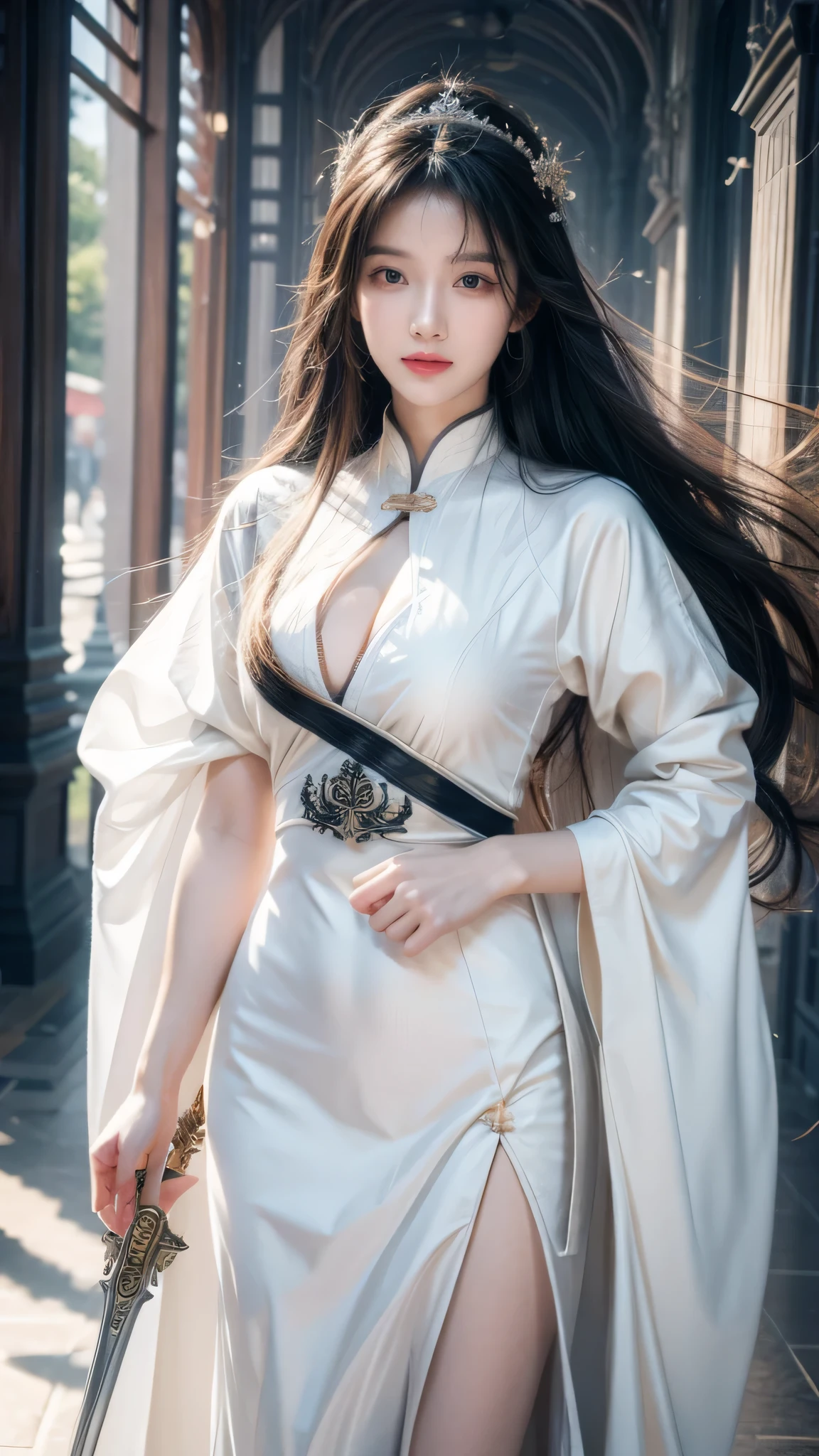 usando un vestido blanco、Primer plano de mujer sosteniendo espada, Portrait of Yang Jian, popular en CGSociety, Arte De Fantasía, hermosa pintura de personajes, obra de arte al estilo de guweiz, guweiz, hanfu blanco, túnica blanca que fluye, artes marciales de cuerpo completo, Arte de personajes épico y hermoso., impresionante arte de personajes, hermosa mujer asesina  