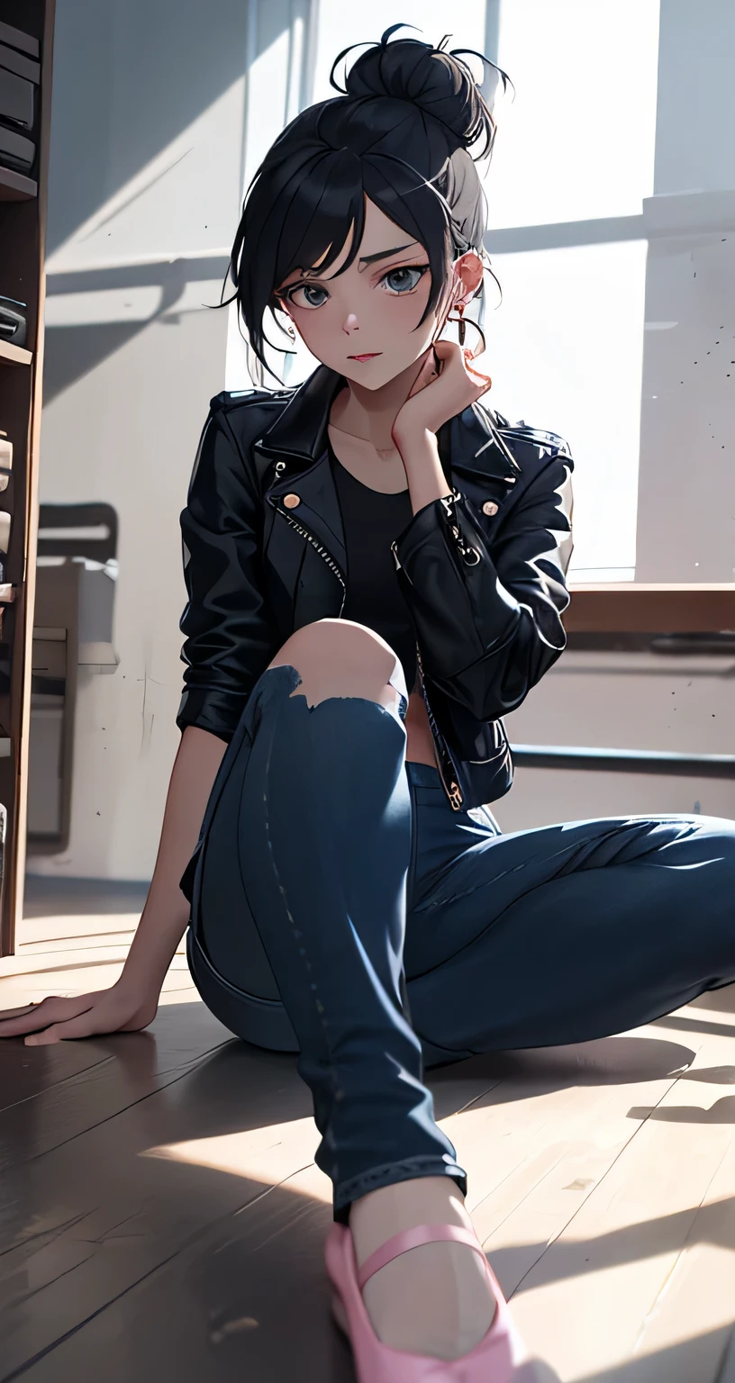 masterpiece, dance class scenario, 23 year old beautiful woman, ballet detail dance room background, solo, black fitted shirt, black leather jacket, blue denim pants, black raven hair in  a messy bun, she sitting on the floor putting on her pink ballet shoes