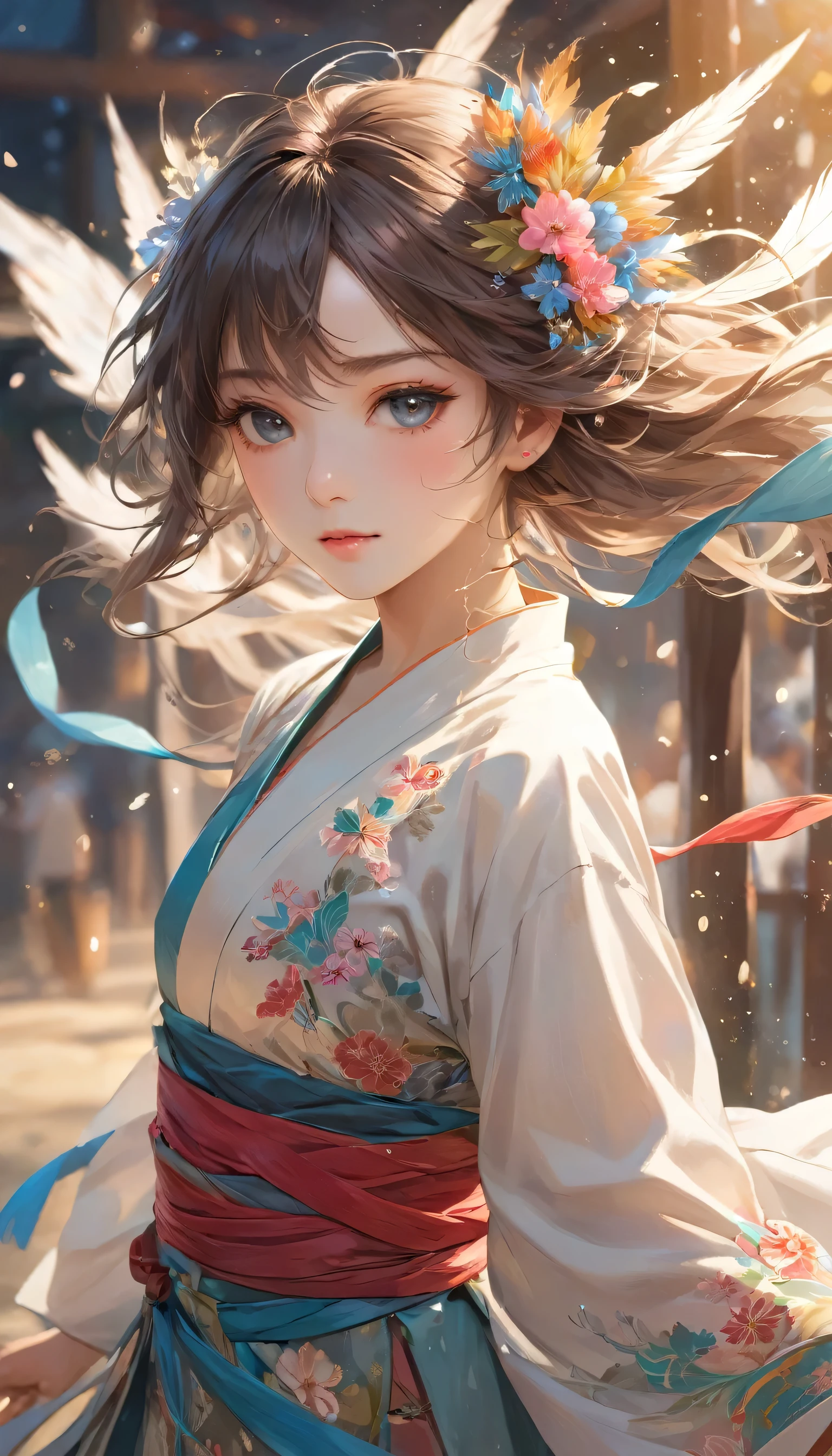 Holding a sword,A swordsman ready to fight,She is dressed as a female dancer.,Ready your sword,An illustration,animation,The swordsman disguised himself as a woman to lure his enemies off guard.,Beautiful and cool,Neutral facial features,Empty sake barrel,Dancer&#39;s costume:detailed,Wide range of colors,colorful,rendering,Colorful,Cast a colorful spell,Battle scene effects that liven up the battle,Focus on the swordsman,Fight with swords:Metal Reflection:Straight blade:sword,highest quality,best masterpiece,Complex details,flash,Very flash,Beautiful light and shadow,rendering,Zentangle Elements,Wind effects,masterpiece,best masterpiece,Carefully and boldly,dynamic,