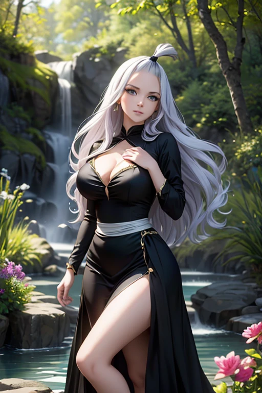 (best quality,4k,8k,highres,masterpiece:1.2),ultra-detailed,realistic,photorealistic:1.37, Mirajane Strauss with a beautiful smile wearing a sexy black dress, long flowing silver hair, perfectly styled and glowing. She is standing in a lush enchanted forest, surrounded by vibrant flowers and trees. The sunlight filters through the leaves, casting a soft, warm glow on her graceful figure. Her emerald green eyes sparkle with an ethereal light, reflecting the beauty of the magical world around her. In the background, a gentle waterfall cascades down rocky cliffs, creating a soothing melody. Mirajane's dress shimmers in the sunlight, accentuating her curves and adding an air of elegance to her presence. The rich black fabric hugs her body, revealing just enough to tease the imagination. Her confident posture exudes both strength and grace, making her a captivating subject. The colors in the scene are vibrant and vivid, with a touch of surrealism, enhancing the dreamlike atmosphere. The attention to detail is impeccable, with each leaf and petal painstakingly rendered to perfection. The overall composition is balanced and visually striking, showcasing Mirajane as the enchanting centerpiece of this masterpiece artwork.