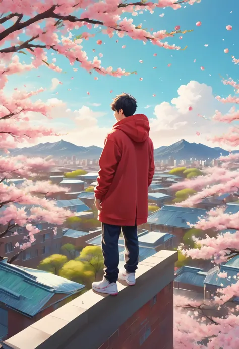 High school boy standing on the roof,Looking down on the schoolyard from the roof of a high school building,A male high school s...