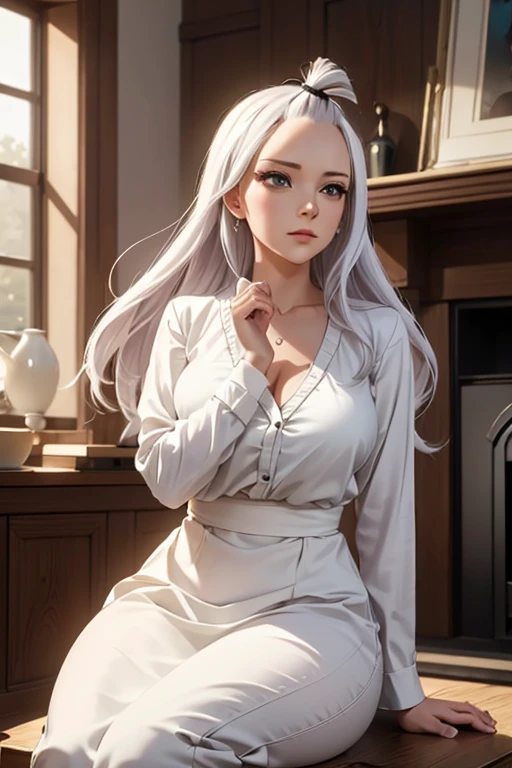 (Mirajane), (Strauss), (weißes Hemd), (Sitzung), (Kamin), (beste Qualität, 4k, 8k, highres, Meisterwerk:1.2), ultra-detailliert, realistisch, photorealistisch:1.37