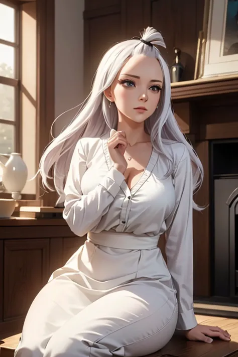 (Mirajane), (Strauss), (white shirt), (sitting), (fireplace), (best quality, 4k, 8k, highres, masterpiece:1.2), ultra-detailed, ...