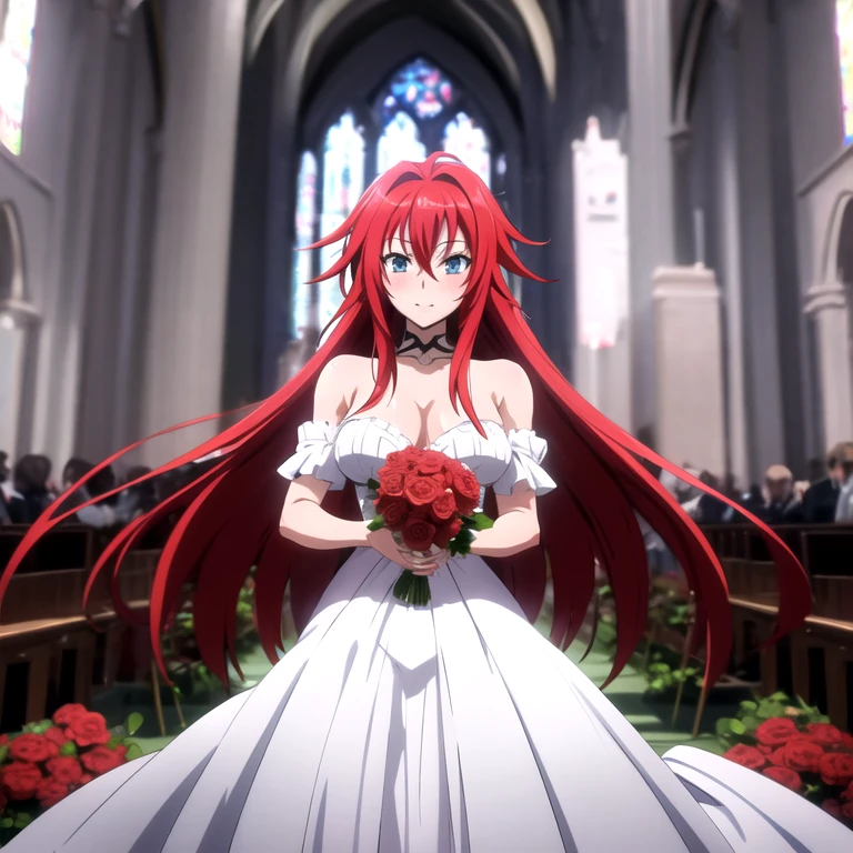 Rias Gremory in white wedding dress, in a church with a bouquet of red roses