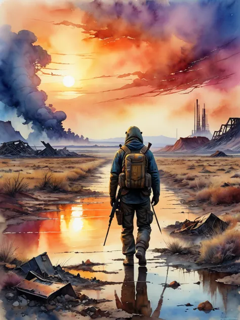 New Dawn Apocalyptic Sunset Watercolor Painting, Wasteland，The post-nuclear world，detailed, Practical, 8K Ultra HD, high quality