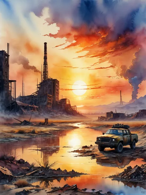 New Dawn Apocalyptic Sunset Watercolor Painting, Wasteland，The post-nuclear world，detailed, Practical, 8K Ultra HD, high quality