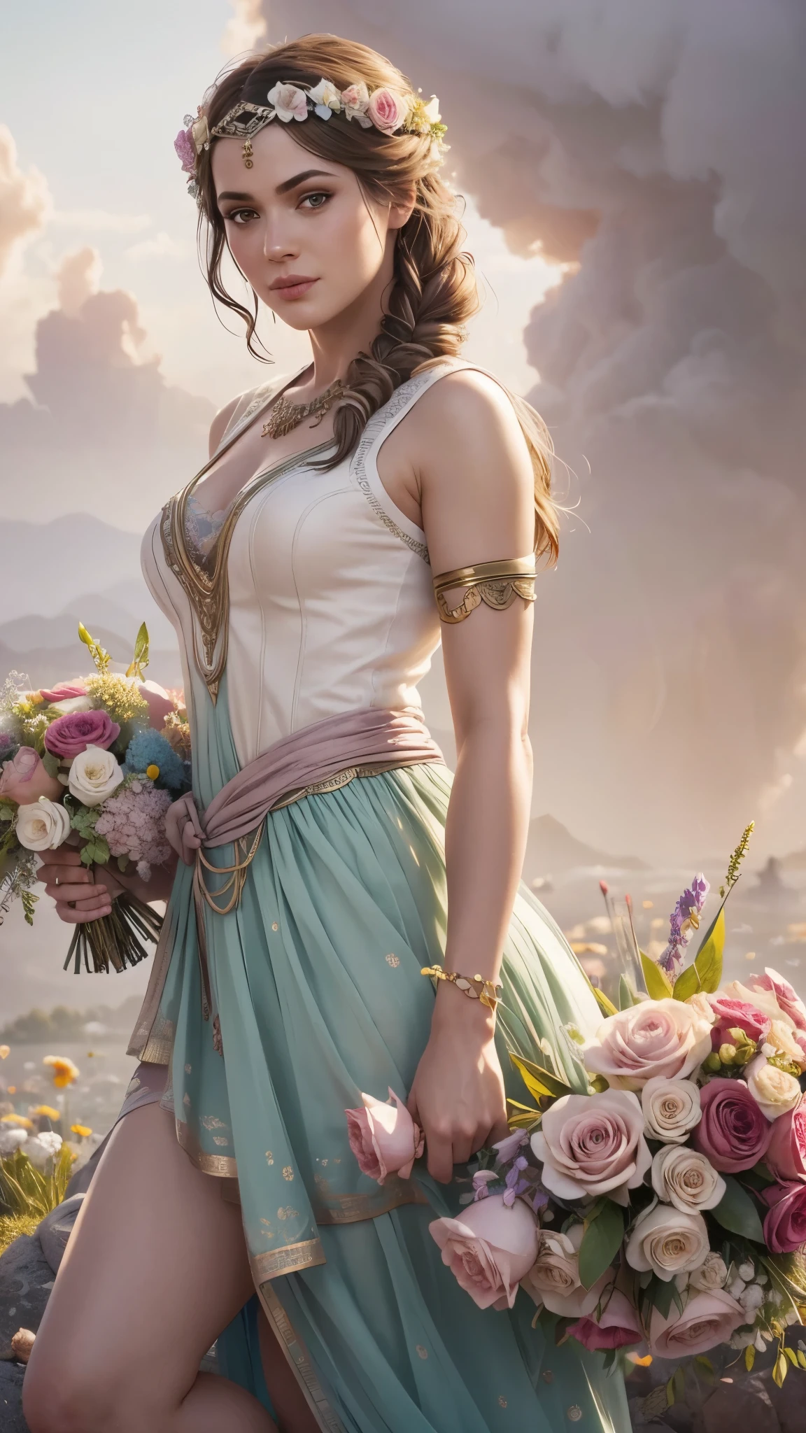 Whimsical fantasy elegant rose floral botany minimalism with a wave of flowers garden flowing flowers floating in hazy pastel pink, aqua green, pastel apricot, smoke fractal, moody and massively realistic flowers, octane rendering, Josephine wall art, Kassandra Assassin's Creed, 