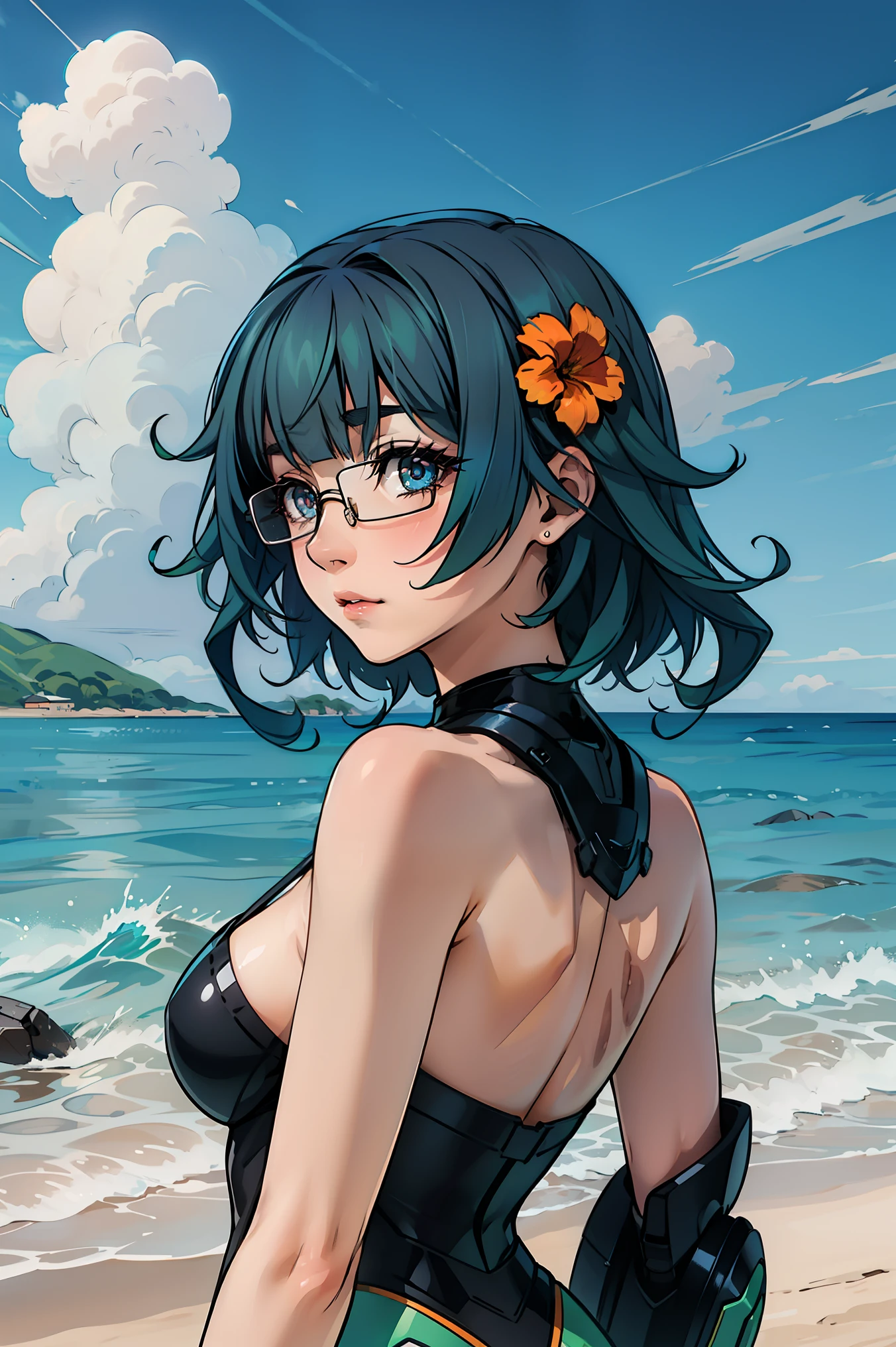 sarashiki kanzashi,1girl,solo,short hair,blue hair,red eyes,glasses,bangs,medium hair,
BREAK (dressed in a black and green mecha:1.2),
BREAK (outdoor,Blue sky,White cloud,beach,shore,seawater:1.2)
BREAK facing away, looking back, ((upper body)), standing,
BREAK (masterpiece:1.2), best quality, high resolution, unity 8k wallpaper, (illustration:0.8), (beautiful detailed eyes:1.6), extremely detailed face, perfect lighting, extremely detailed CG, (perfect hands, perfect anatomy),