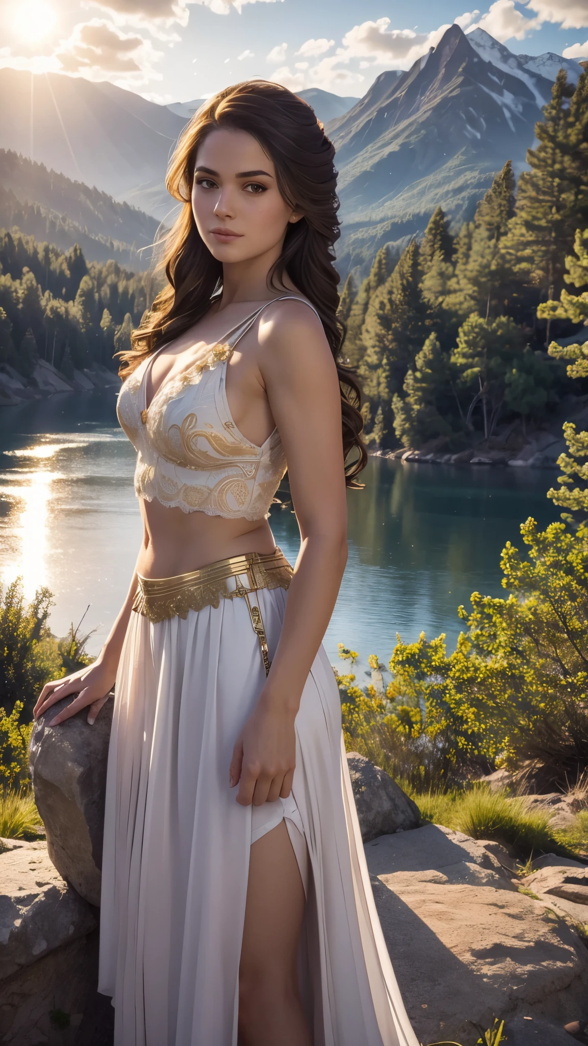 1 girl, happy expression, charming eyes, straight long hair, flowing skirt, big, looking at the sun, calm posture, porcelain-like skin, subtle blush, crystal pendant BREAK Golden Hour, (edge lighting): 1.2, cool colors, sun flare, soft shadows, bright colors, painting effects, fantastic atmosphere BREAK Scenic lakes, distant mountains, pine trees, mountain tops, reflections, sunlit clouds, tranquil atmosphere, idyllic sunrise, Ultra detailed, official art, unified 8k wallpapers, zentangle, mandala