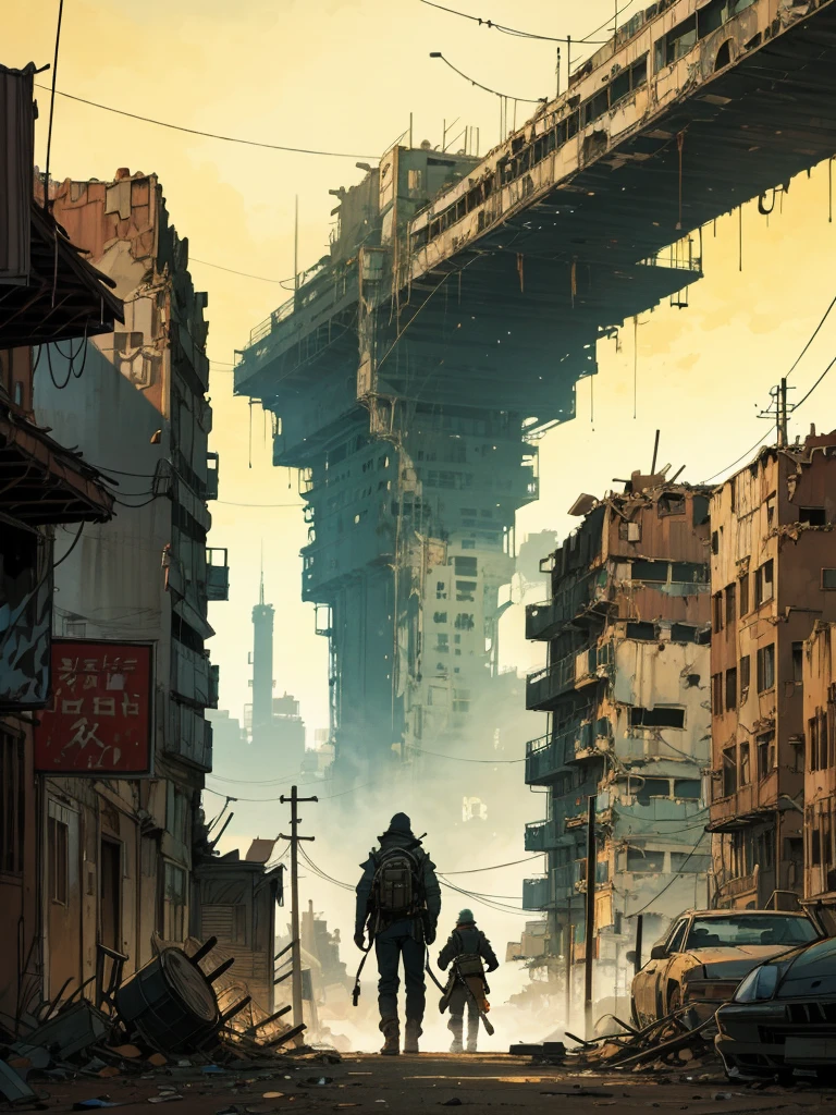 Arafid man walks with his dog in a destroyed city，In post-apocalyptic cities，In the post-apocalyptic wasteland，in a post apocalyptic setting，In post-apocalyptic cities，Destroyed city in the background，Wasteland，cartoon，comics，Drawing illustration，Flat Ink，Thick outline，Cross hatch texture，Technopunk，Savage style