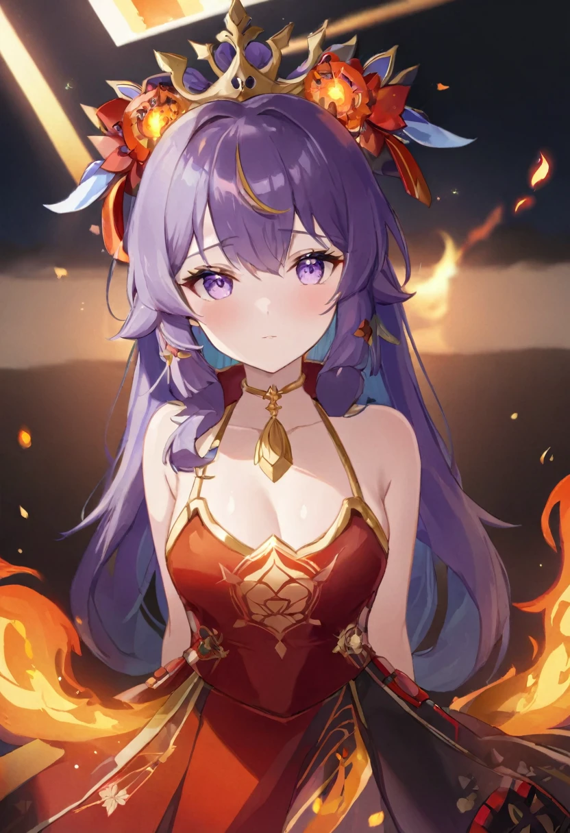 fille d’anime avec des cheveux violets et une couronne sur sa tête, Ayaka genshin impact, style artistique anime moe, déesse animée, style animé 4k, apparaît comme la déesse du feu, Ayaka jeu genshin impact, Waifu anime mignon dans une jolie robe, fille anime séduisante, enveloppé de flammes, du jeu vidéo Azur Lane, Fanart de Marin Kitagawa