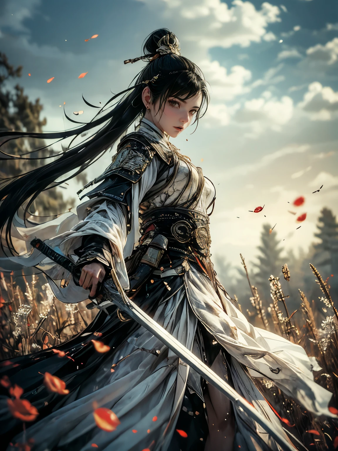 (In 8K，highest quality，masterpiece)，(Realistic，RAW Photos，Super Fine Clear)，Realistic Light，Detailed skin，Beautiful woman，((25-year-old female, Beautiful assassin:1.5)),Thin legs、fine grain，long hair, Detailed fingers、thin、Sexual，Ecstasy facial expression,garden, camellia,Flower storm, Super big , boucing firm bust, The chest part of the armor is wide open、Chest exposed