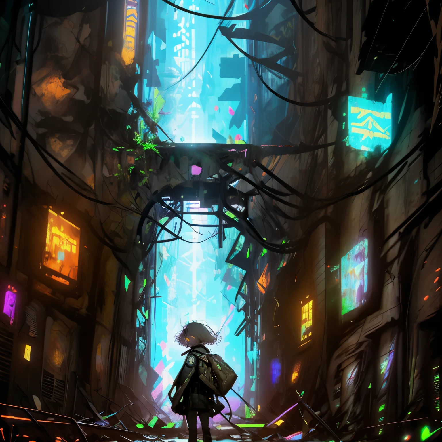 Una niña deambula entre extrañas ruinas de edificios y tecnología brillante 