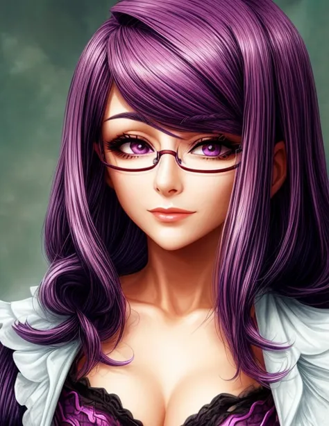 a close up of a woman with glasses and a purple hair, 