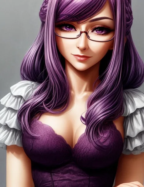 a close up of a woman with glasses and a purple hair,