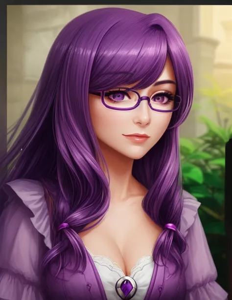 a close up of a woman with glasses and a purple hair, 