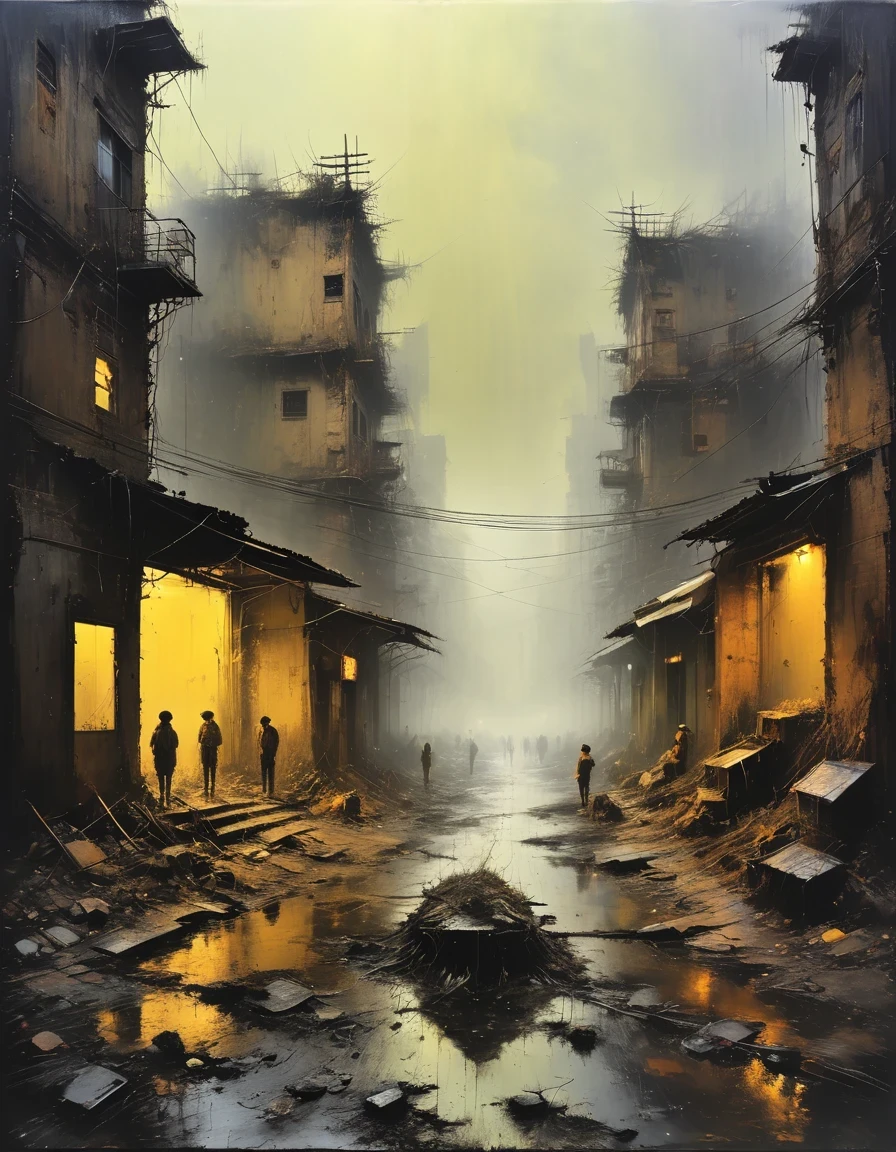 in style of Mark Lague，in style of Beeple，in style of Ian McQue，Latter-day rough soil，（The skinny disaster victims in ragged clothes with half their faces covered），（The dark sky is raining sulfuric acid：1.3）），（Sulfuric acid rain），The desolation and ruin after the disaster，The living environment is extremely harsh，The sky is always gray，The air is full of harmful substances。Water is becoming scarce，And it is full of various unknown pollutions，The sudden disaster left the earth devastated，Species mutate，Food became scarce，The living environment is harsh，No area to be planned，On an unnamed street，Dilapidated and ugly scenes can be seen everywhere。The underground sewage system on the street has long been paralyzed，The makeshift outdoor toilet exudes a foul odor，The collapsed shophouse is connected。The whole area is sparsely lit.，From time to time, you can see a group of people gathering on the roadside，Food is even more precious，Most people survive on synthetic food or mutant plants.，（background：The dark red moon is raining sulfuric acid），Detailed details，Ultra high quality，Ultra Detailed，Epic graphics，The art of math，future，Science Fiction，Asymmetry，