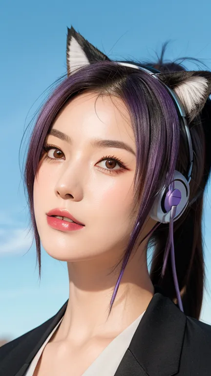 purple hair, ponytail, fox mask, headphones, mismatched pupils, gradient eyes, cat ear headphones, clenched teeth, modern, maste...
