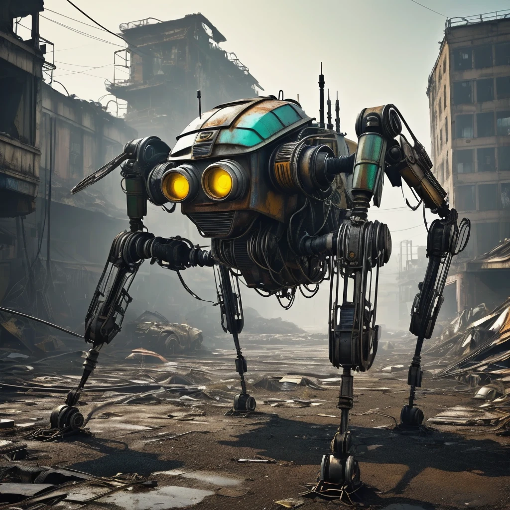 Insectoid robots made of garbage and scrap scour van apocalyptic wasteland scavenging for useful parts