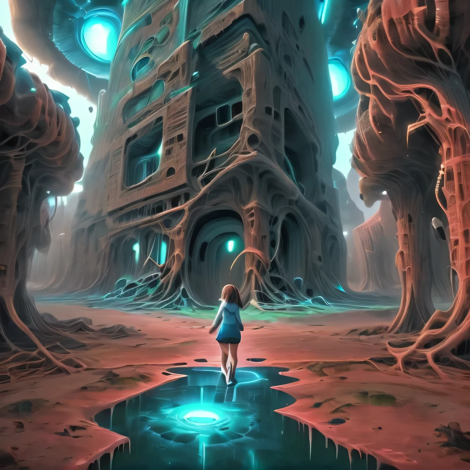 A girl wanders through strange ruins of buildings and glowing technology 