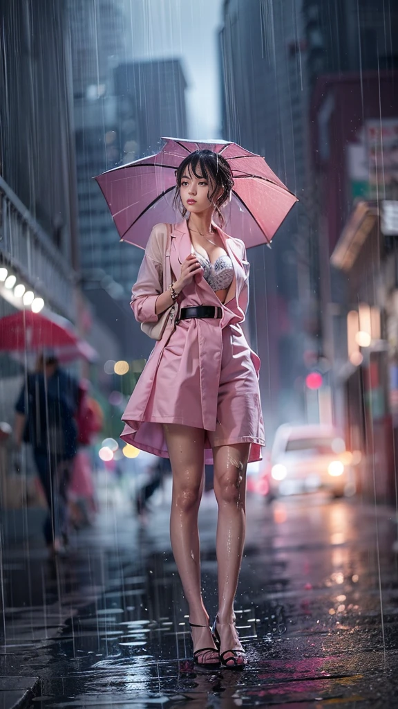 (Realistic:1.5, 16k, highest quality, masterpiece, Ultra-high resolution), ((Typhoon heavy rain, From below)), Perfect dynamic composition:1.2, (Modern city at night, Expressions of sadness:0.9, sit on the stairs:1.0), Highly detailed skin and facial textures:1.2, Young Japanese woman getting wet in the rain:1.3, Incredibly slim body:1.2, Fair skin:1.2, Sexy beauty:1.1, Beautiful and aesthetic:1.1, Very beautiful face:1.2, Water droplets on the skin, (The rain drips down on my body:1.2, Wet body:1.2, Wet Hair:1.3), (Wet pink tight skirt:1.2, Wearing wet, thick clothing:1.3), (Shapely large breasts, Chest gap), (Big eyes that exude beautiful eroticism:0.8, Lips that exude beautiful eroticism:0.8), necklace, Earrings, bracelet, wedding ring, Shoulder bag, clock