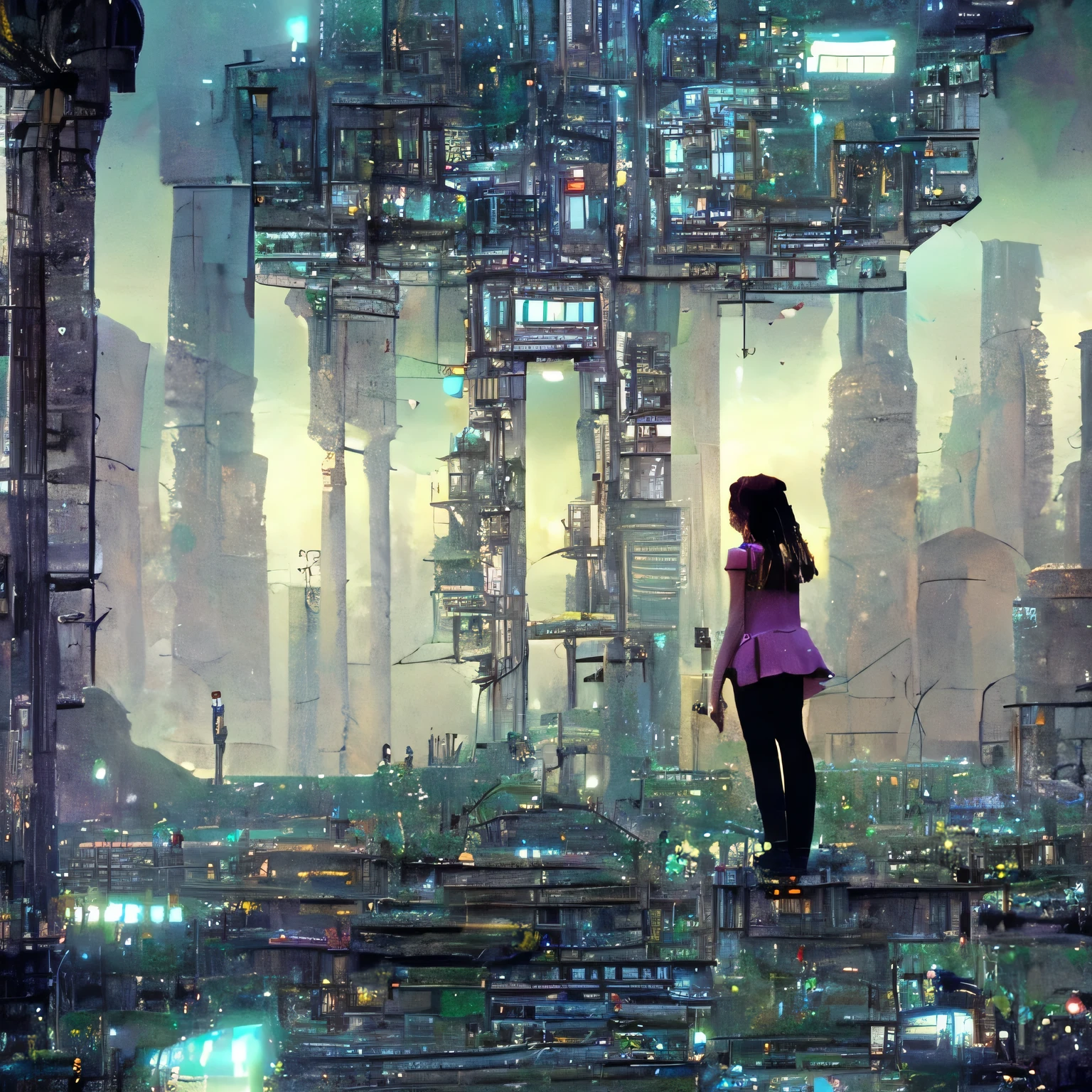 A girl wanders through strange ruins of buildings and glowing technology 