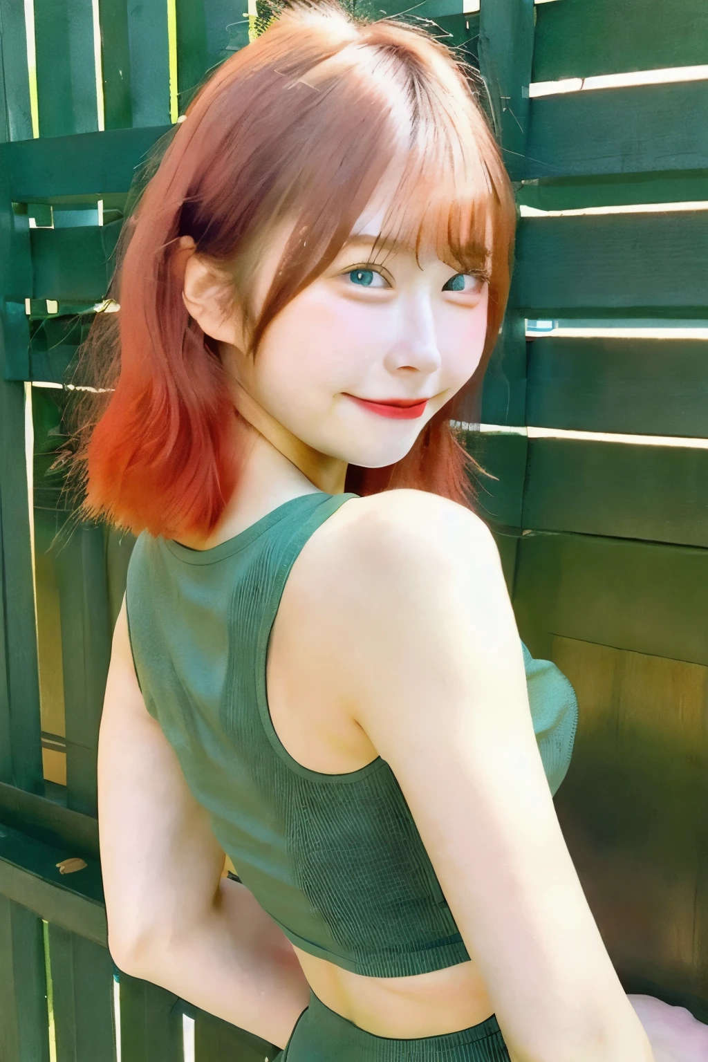 A close up of a woman with red hair wearing a green top - SeaArt AI