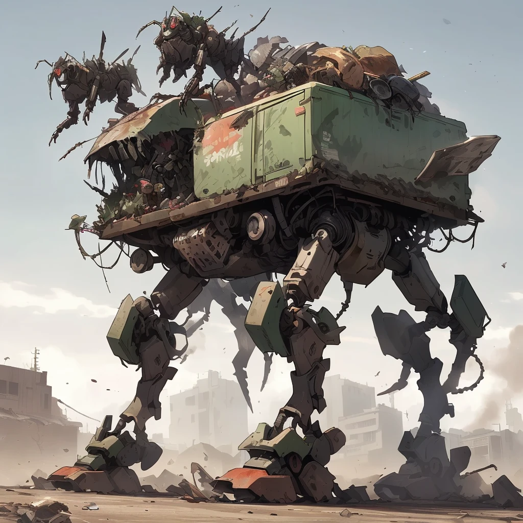 Insectoid robots made of garbage and scrap scour van apocalyptic wasteland scavenging for useful parts