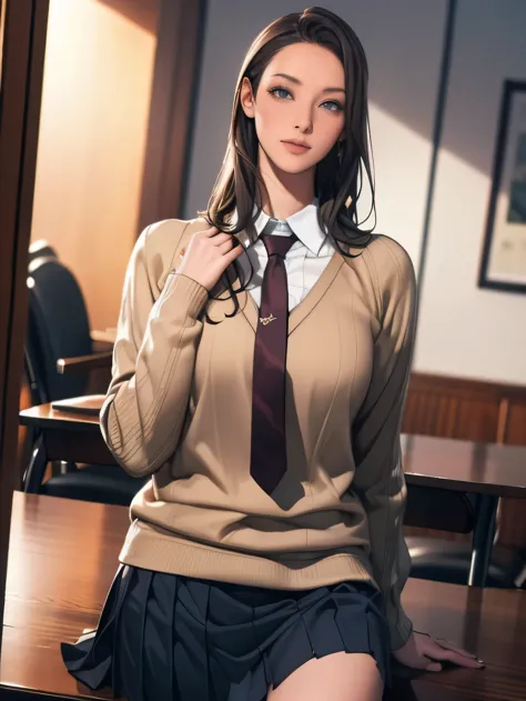 (8k, Realistic, Tabletop, highest quality, RAW Photos:1.3), 1girl, solo, necktie, skirt, dutch angle, sweater, pleated skirt