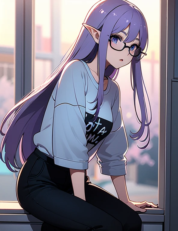 Light purple hair blue eyes elf ears purple t-shirt black pants round glasses 