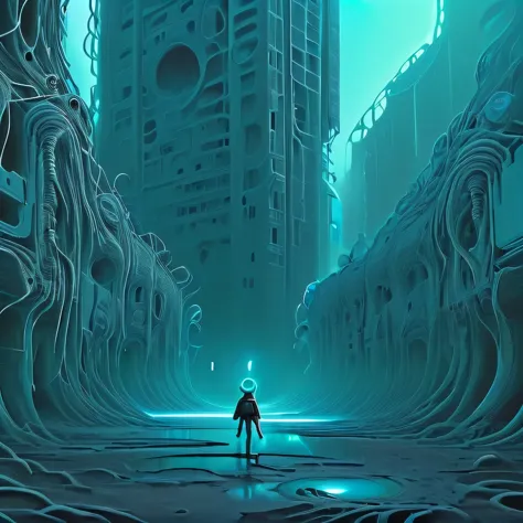 a girl wanders through strange ruins of buildings and glowing technology