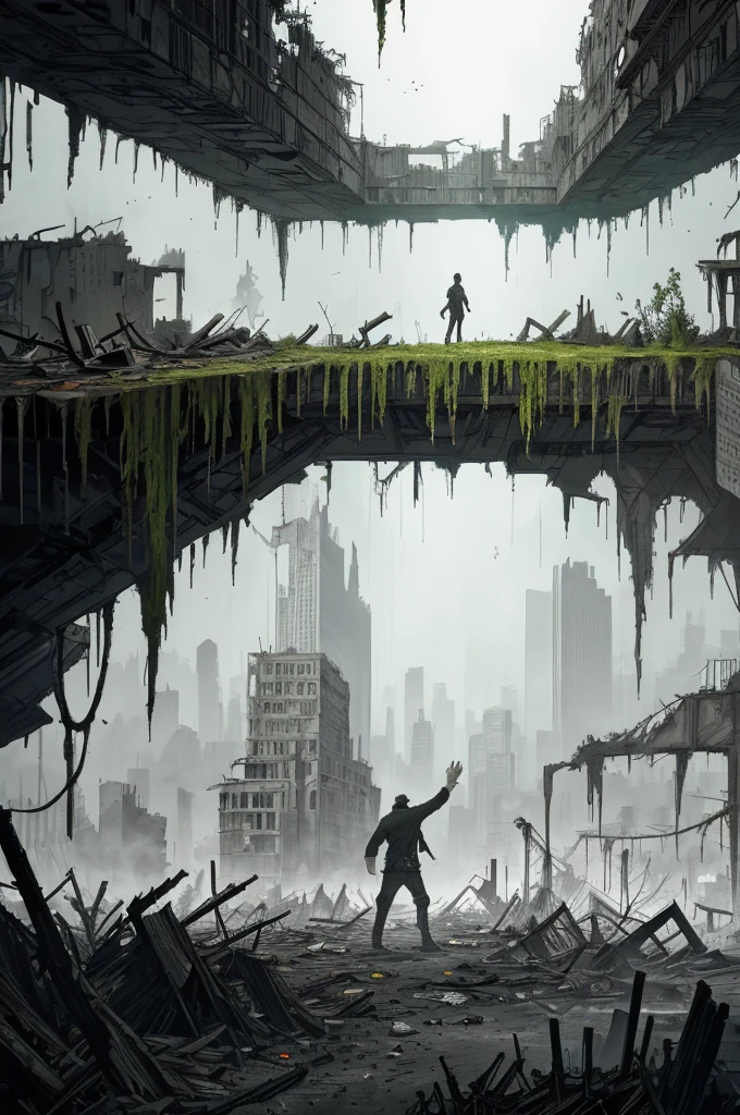 A desolate cityscape lies in ruins. Shattered glass glitters beneath the pale sunlight and bridges hang precariously, threatening to collapse. Skyscrapers, once mighty towers, now lean towards their downfall. Over all this, the trouble-free reclamation of nature is portrayed through moss and vines slowly stretching over the structures. The greenery creeps, bringing an otherworldly feel to the scene dancing in delicate contrast to the high contrast black and white photography style of the scene. At the front of it all stands a lone man of Asian descent. Silent, contemplative, his rugged attire stands as a testament to the post-apocalyptic surroundings. His gaze is locked onto the remnants of a once-thriving civilization. This scene, best captured through a wide-angle lens, brings a sense of desolation and awe, the vastness of the decaying cityscape laid bare. The resulting image is a striking mix of urban decay, the resilience of the human spirit, and the relentless beauty of nature's persistence. Truly, an image that belongs in the dystopian genre, depicting the aftermath of a catastrophic event.