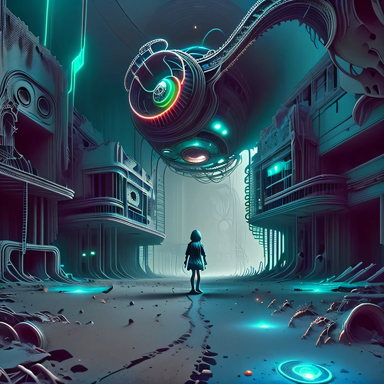 Une fille erre à travers d’étranges ruines de bâtiments et de technologies brillantes 