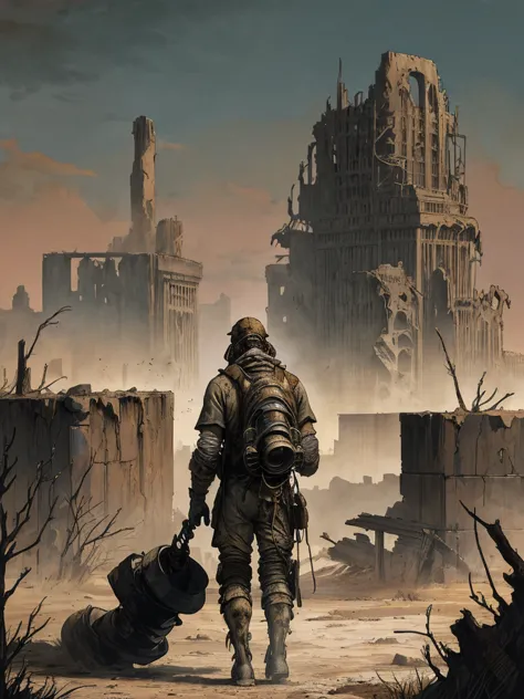 Envision a post-apocalyptic scene. The ruins of formerly grand structures pepper the landscape, toward which a lone figure journ...