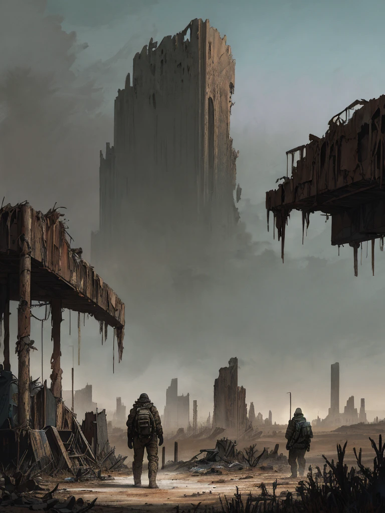 Envision a post-apocalyptic scene. The ruins of formerly grand structures pepper the landscape, toward which a lone figure journeys. This figure, a rugged explorer dressed in worn-out, functional attire, carries a weathered backpack full of survival gear. His face is hidden behind a gas mask, hinting at the toxic air around. In the backdrop, a gloomy, dust-laden sky hangs low, casting long shadows. The explorer's presence hints not only at the human will to survive but also the constant search for relics of a bygone era, indications of lost civilization. A ceaseless hum of strange, unseen wildlife echoes in the distance, giving life to the desolate landscape.