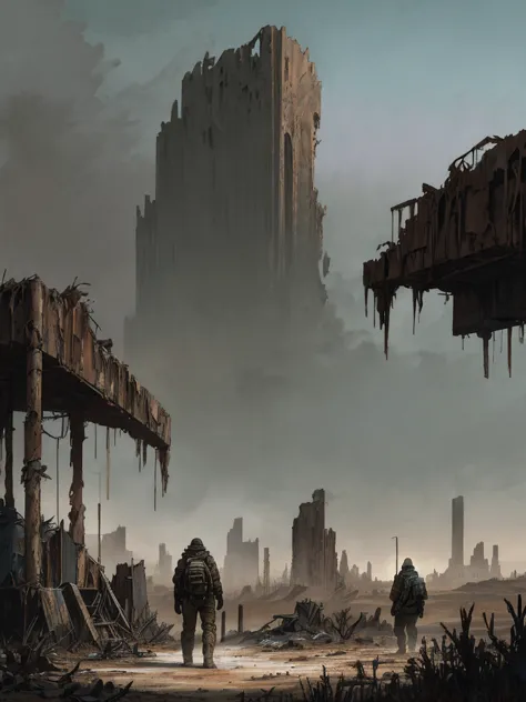 Envision a post-apocalyptic scene. The ruins of formerly grand structures pepper the landscape, toward which a lone figure journ...