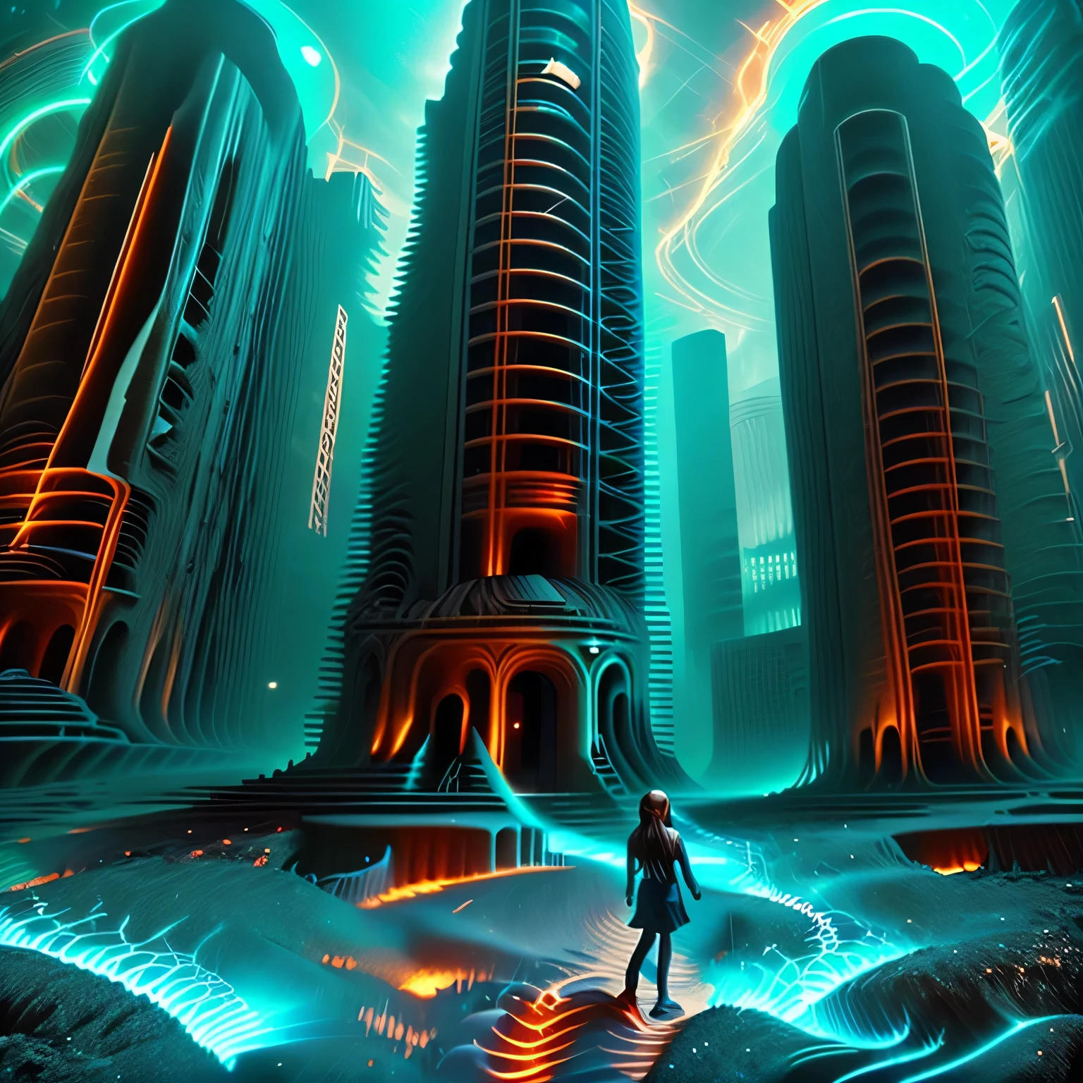 A girl wanders through strange ruins of buildings and glowing technology 