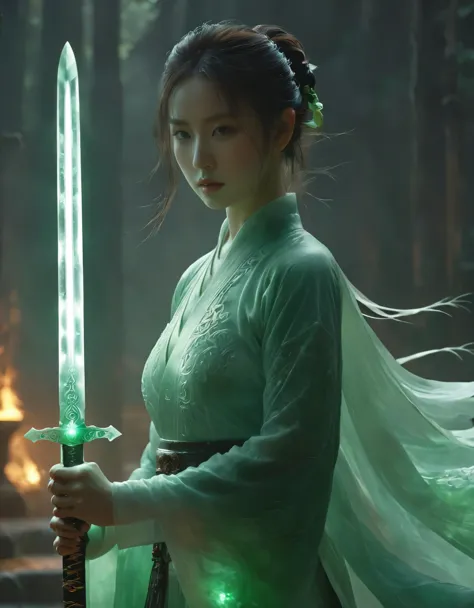 1beautiful girl,  solo，female swordman，Hold the hilt of a sword in your hand，The jade blade glows，front view, fullbody， ((Best q...