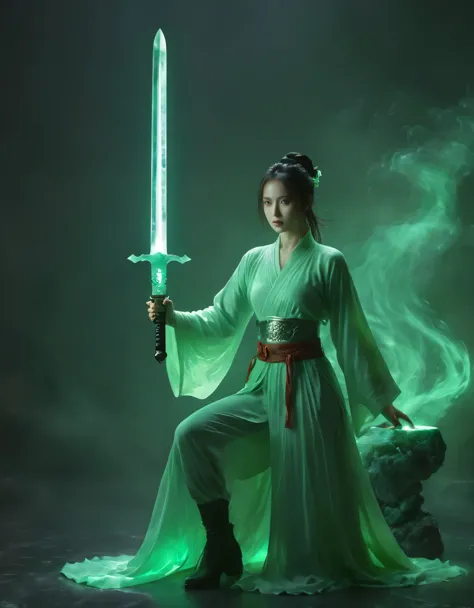 1beautiful girl,  solo，female swordman，Hold the hilt of a sword in your hand，The jade blade glows，front view, fullbody， ((Best q...