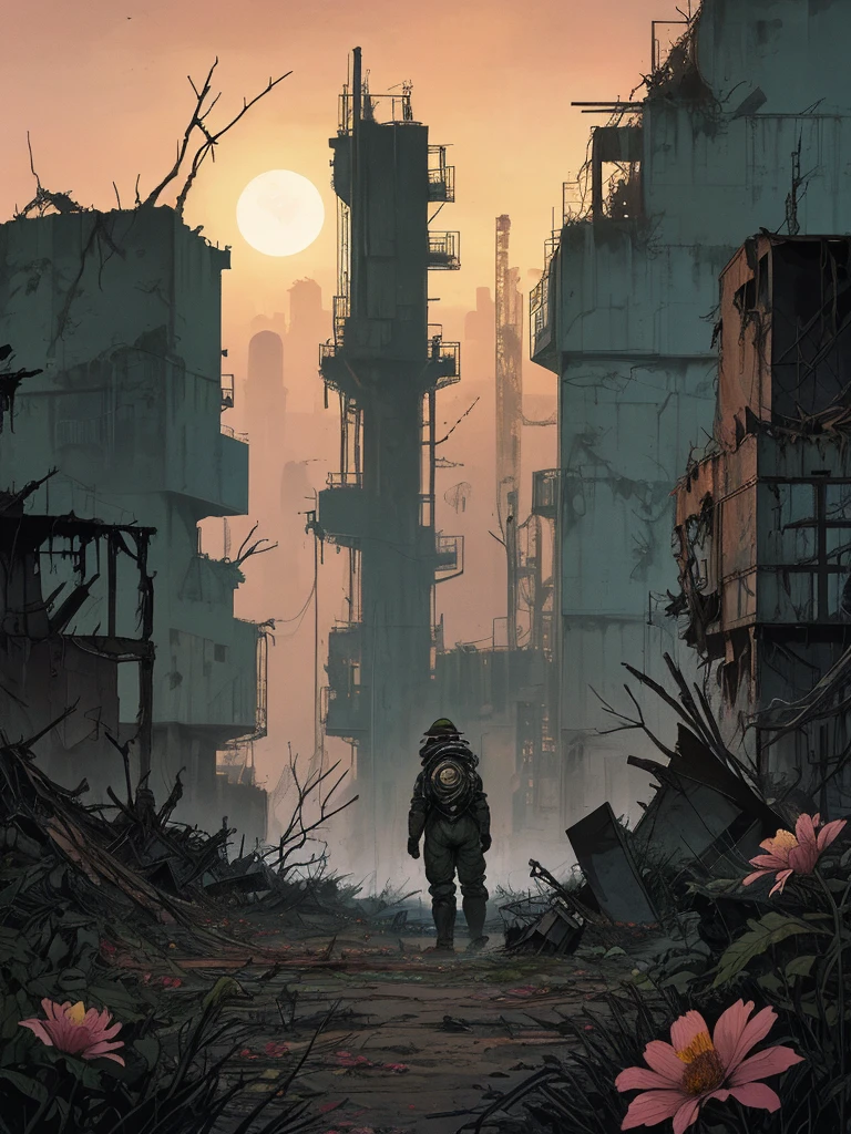 A desolate landscape, in the backdrop the remnants of an industrial facility, its towering structures overgrown by years of abandonment. A lone figure in a hazmat suit stands amidst the ruins, a gas mask hiding his facial expressions. His hands, garbed in heavy-duty gloves, hold a single flower with gentle reverence, a poignant display of life's tenacity amid radioactive decay. This flower, despite the harshness of its environment, has managed to bloom, becoming a symbol of resilience against adversity. The scene bathes under a muted sunrise, the ghostly quiet disturbed only by the distant crowing of a rooster.