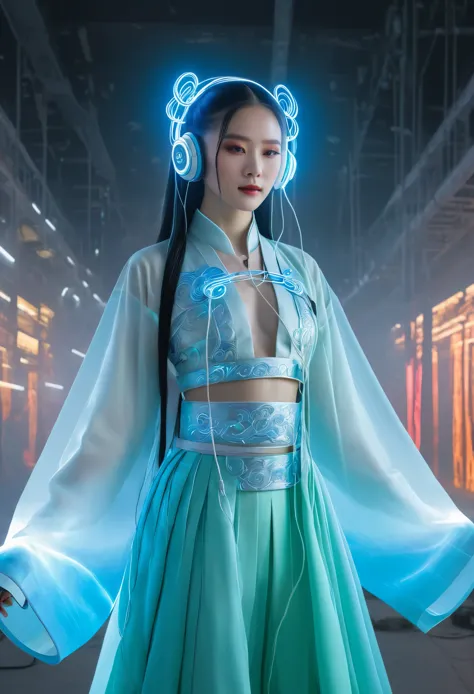 Tang suit，Chinese Hanfu，Photo of a woman wearing colorful technology, in a flowing surrealist style, shining/smooth, Accurate an...