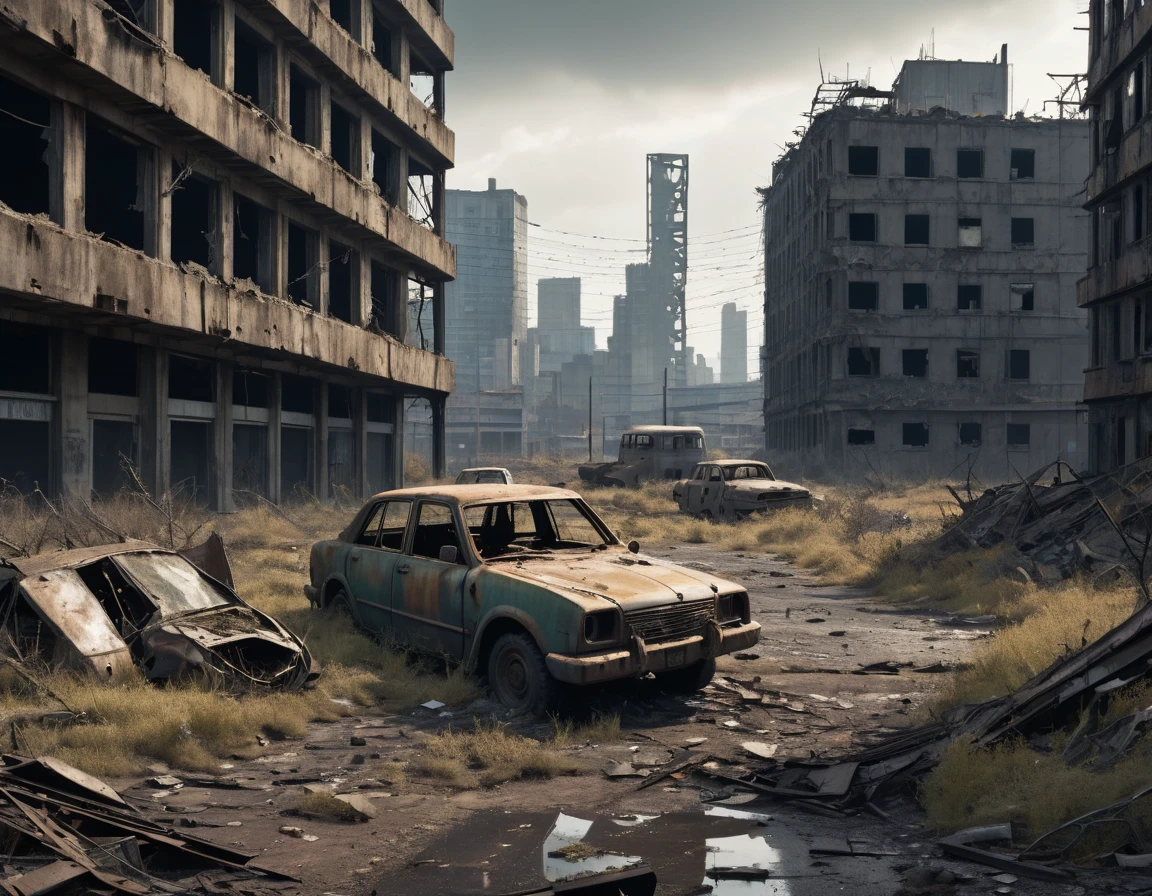 best quality,4k,8k,highres,masterpiece:1.2,ultra-detailed,realistic:1.37,futuristic post-apocalyptic landscape,desolate scenery,abandoned ruins,ruined city,crumbling buildings,dramatic lighting,barren wasteland,decaying infrastructure,dark clouds,sharp focus,detailed textures,hazy atmosphere,moody ambiance,ominous shadows,fallen skyscrapers,overgrown vegetation,nuclear aftermath,dusty particles,weathered surfaces,city landscape in ruins,shattered glass,metallic debris,scorch marks,barbed wire,deserted vehicles,apocalyptic colour palette,dreary tones,industrial aesthetic,gritty and worn appearance,epic battle ready,post-war chaos,