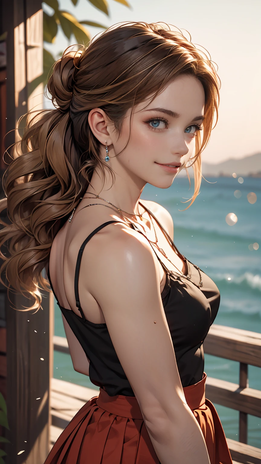 25-year-old Caucasian female、Hair color is brunette、blue eyes、long hair、My hair is wavy、Hair in a chignon、smile、A slender but well-proportioned feminine body、Wearing red nail polish、wearing a camisole、She&#39;s wearing a mini pleated skirt、Wearing jewelry on the wrist、I&#39;m wearing a chain necklace、I&#39;m on a hill overlooking the Aegean coast.、smile、