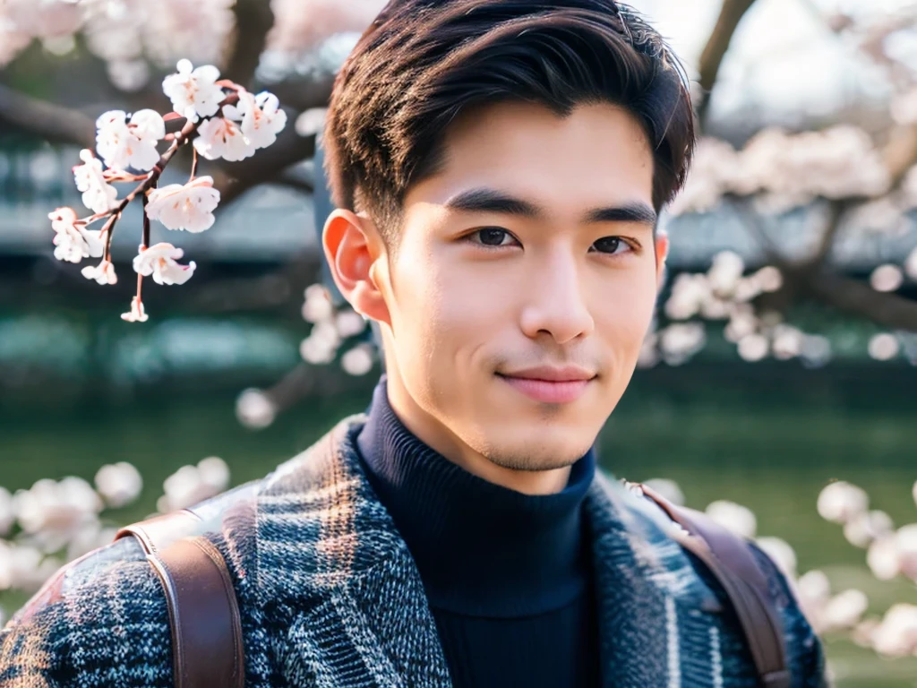 (( In the background are cherry blossoms on both sides of the Meguro River in Tokyo))Realism, 8K full body portrait, a handsome guy, 28 year old man,Wearing wool sweaters and jackets. charming expression, Detailed facial details, Cherry blossoms bloom on both sides of the Meguro River. 