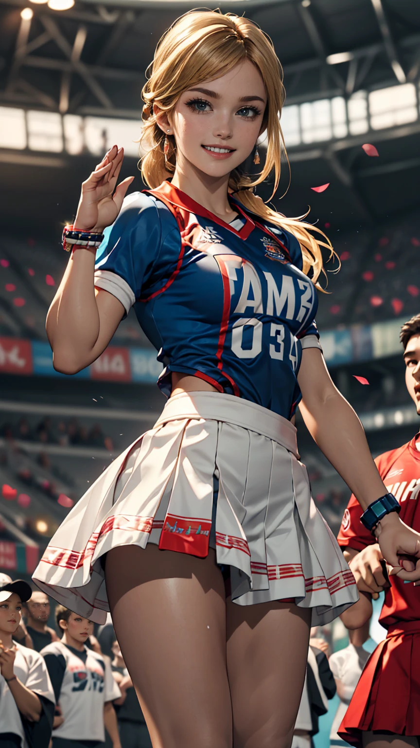 ((最high quality, 8K, masterpiece: 1.3, Ultra HD, high quality, 最high quality, High resolution, realism)) 、A 22-year-old extremely beautiful white woman、Hair color blonde、blue eyeedium Hair、Straight Hair、smile、Slender but well-proportioned body、Athlete-like body type、I want my head to stay off screen、Wearing accessories on the wrist、Put an anklet on your ankle、Wearing red nail polish、I have a peticure、Being a cheerleader、Holding pom-poms and waving both hands in the air, they dance the cheer dance、looks fun、Lively、View your viewers