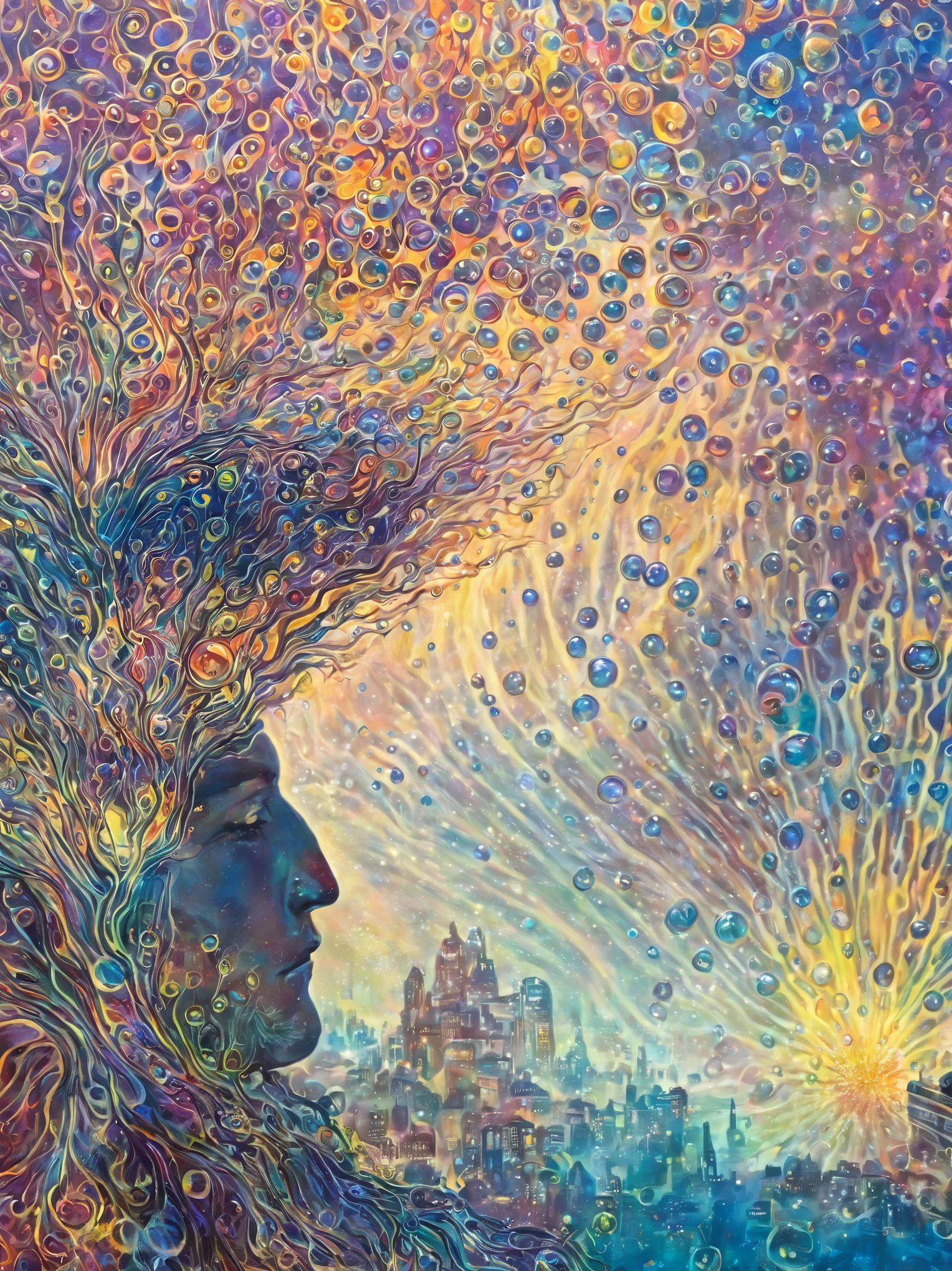 A man, close up, Amanda Sage style,  yvonne coomber style, art by Kilian Eng, psychedelic, mysterious atmosphere, with bubble universes emanating from him