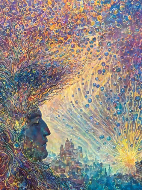 A man, close up, Amanda Sage style,  yvonne coomber style, art by Kilian Eng, psychedelic, mysterious atmosphere, with bubble un...