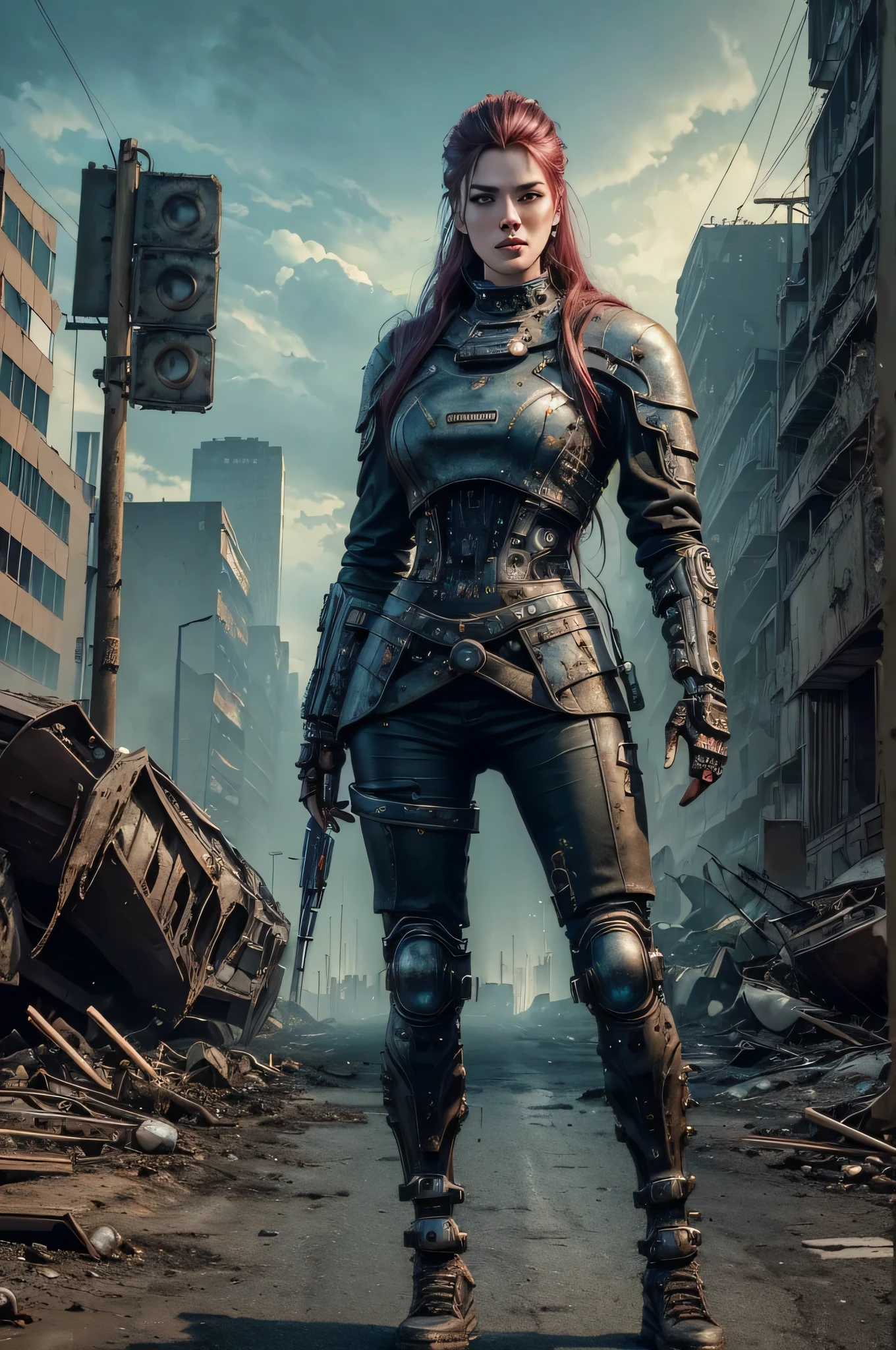 ((best quality)), ((masterpiece)), (detailed), ((perfect face, elden ring style, postapocalypse, analog style, knollingcase, swpunk, synthwave, cyborgdiffusion)), beautiful female cyborg in post-apocalyptic world, standing tall from head to toe in the ruined city street