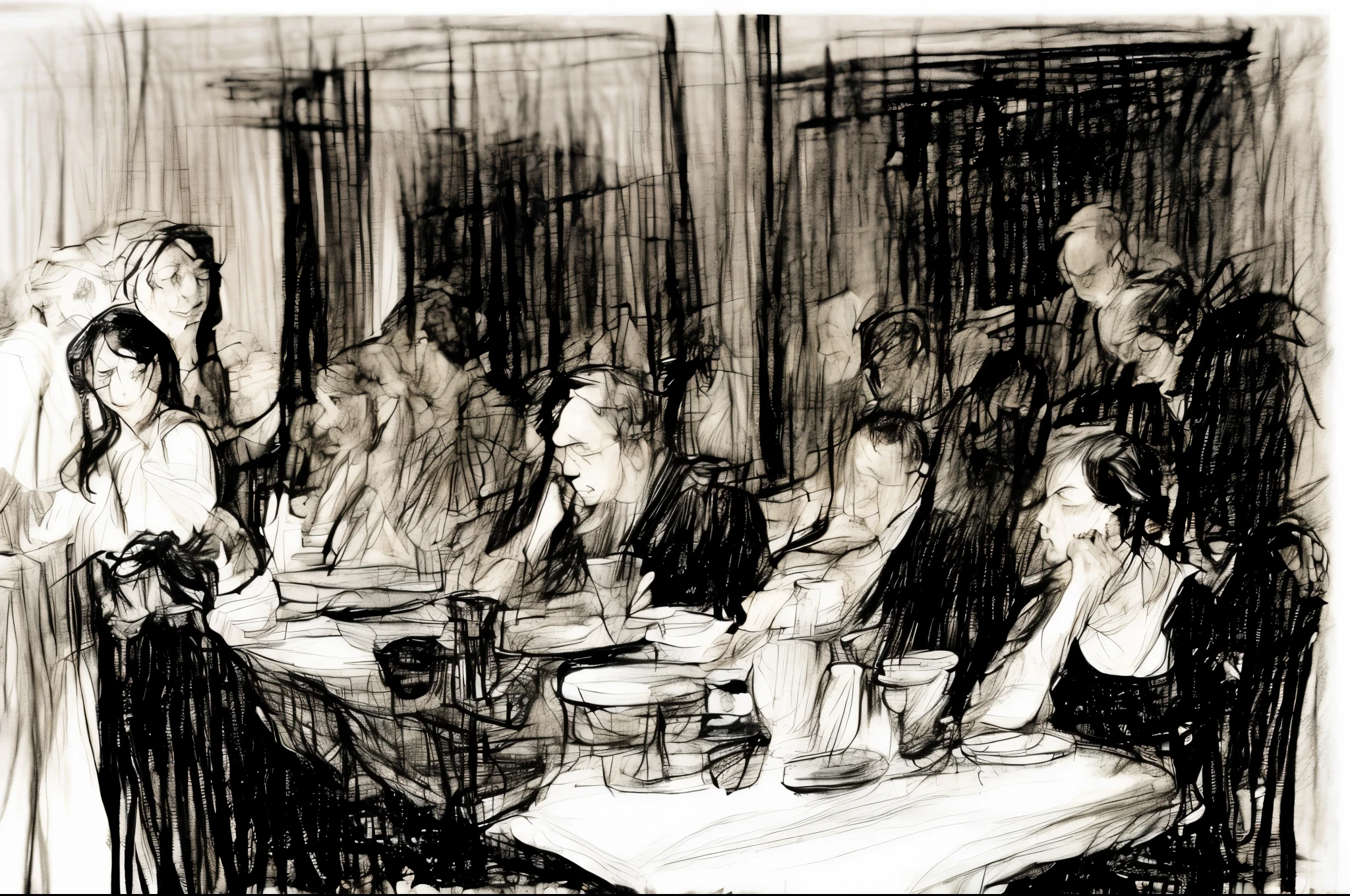 pencil drawing, obviously pencil texture, black and white, cinematic lighting, black background, Inspired by John Casper Fusili, Inspired by George Grosz, 兩個人dinner場景, Impressionism, author：Tadeusz Kanter, dinner, two people sitting at a table, on the table