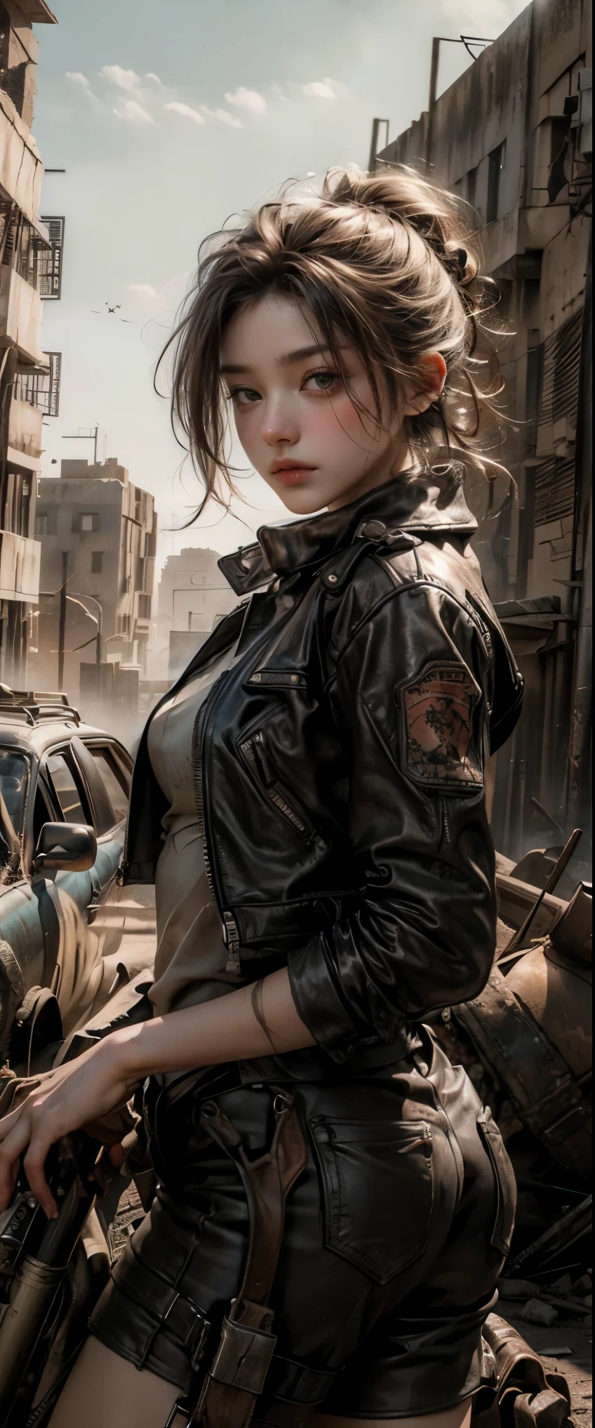 ((masterpiece, highest quality, Highest image quality, High resolution, photorealistic, Raw photo, 8K)), ((Extremely detailed CG unified 8k wallpaper)), (huge stunning goddess shot, very hot and sexy, jaw-dropping beauty, perfect proportions, beautiful body, slim body beauty:1.4), Post-Apocalyptic Wasteland, The world of Mad Max, she wears a leather jacket over his bare skin and holds a shotgun, adderskin eye patch, Collapsed buildings are being swallowed by the desert, Ruins hazed with dust and sand, 